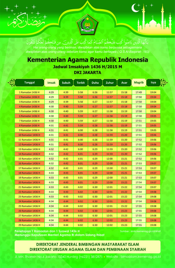 Imsakiyah Ramadan 1436 H untuk DKI Jakarta dan sekitarnya