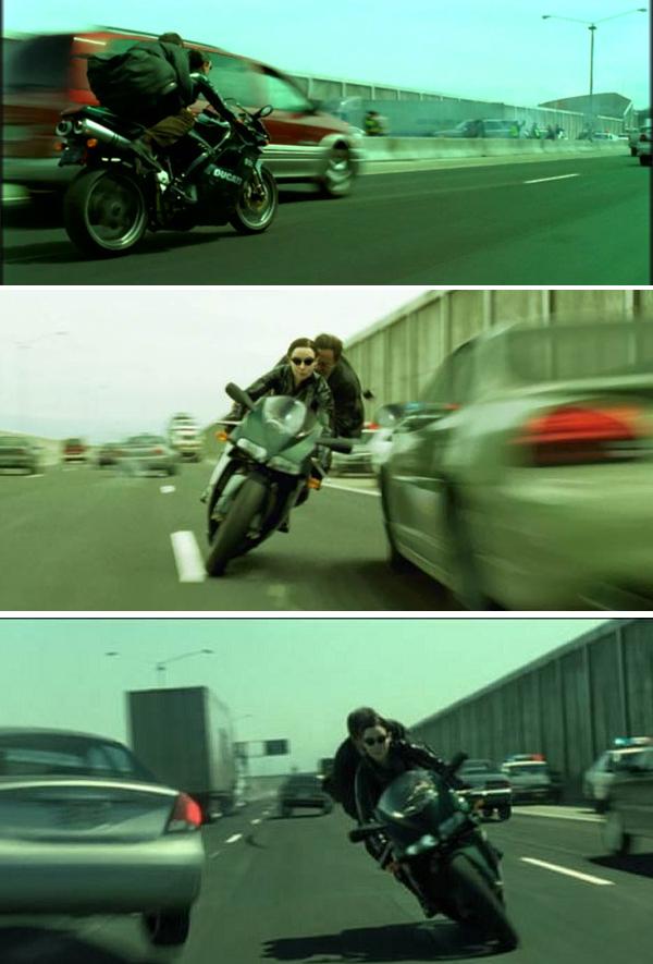 Carrie-Anne Moss as Trinity on Ducati 996 in The matrix Reloaded